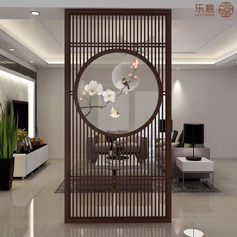 新中式屏风隔断实木格栅镂空雕花格纱画客厅入户对门玄关遮挡座屏