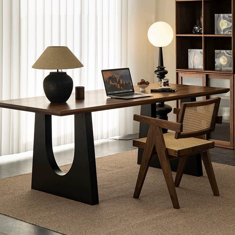 北欧实木大板办公桌原木长条桌工作台设计感家用餐桌胡桃木色书桌