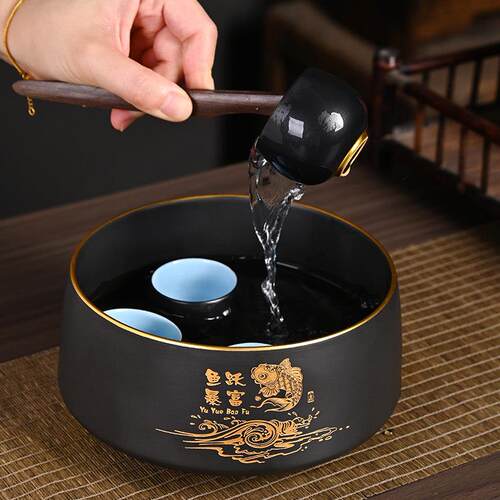 鱼跃暴富陶瓷茶洗茶杯收纳碗家用茶台茶盂茶水废水茶渣缸茶具配件