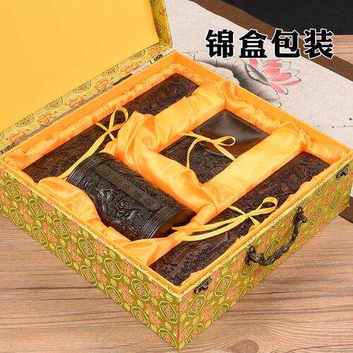 文房四宝红木雕黑檀木砚台镇尺笔筒笔搁套装摆件复古礼物礼盒送礼