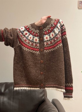 覆古风费尔岛提花高级感毛衣外套女2025秋冬宽松撞色针织开衫上衣