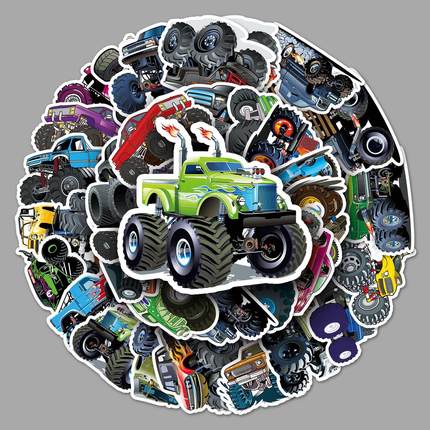 50张大脚车卡通汽车行李箱贴纸潮流涂鸦笔记本电脑汽车外贸装饰