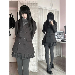 外套 双排扣收腰西装 百褶裙两件套 女秋冬季 日系学院风JK制服套装