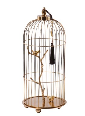 新中式铜鸟装饰品软装酒店样板房间玄关落地摆件大型金属鸟笼摆设