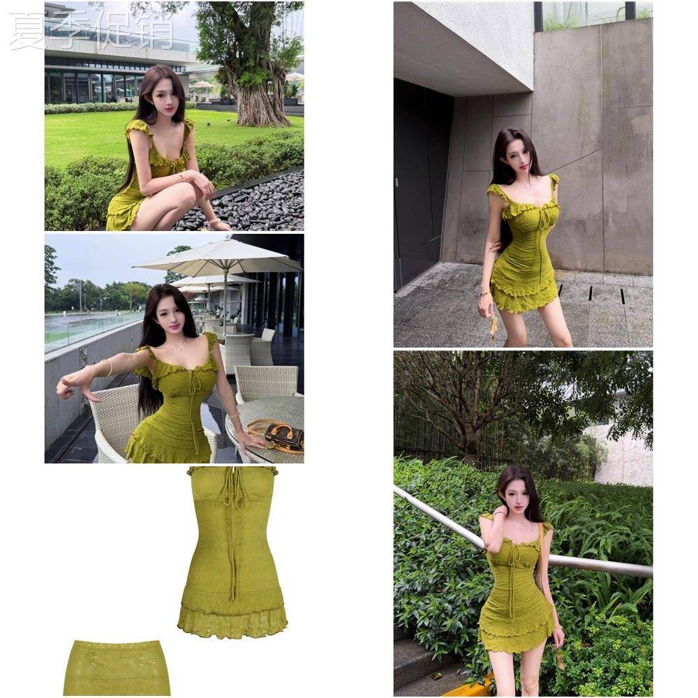 纯欲辣妹抹茶绿吊带连衣裙女夏季木耳边系带收腰包臀裙肌理感短裙