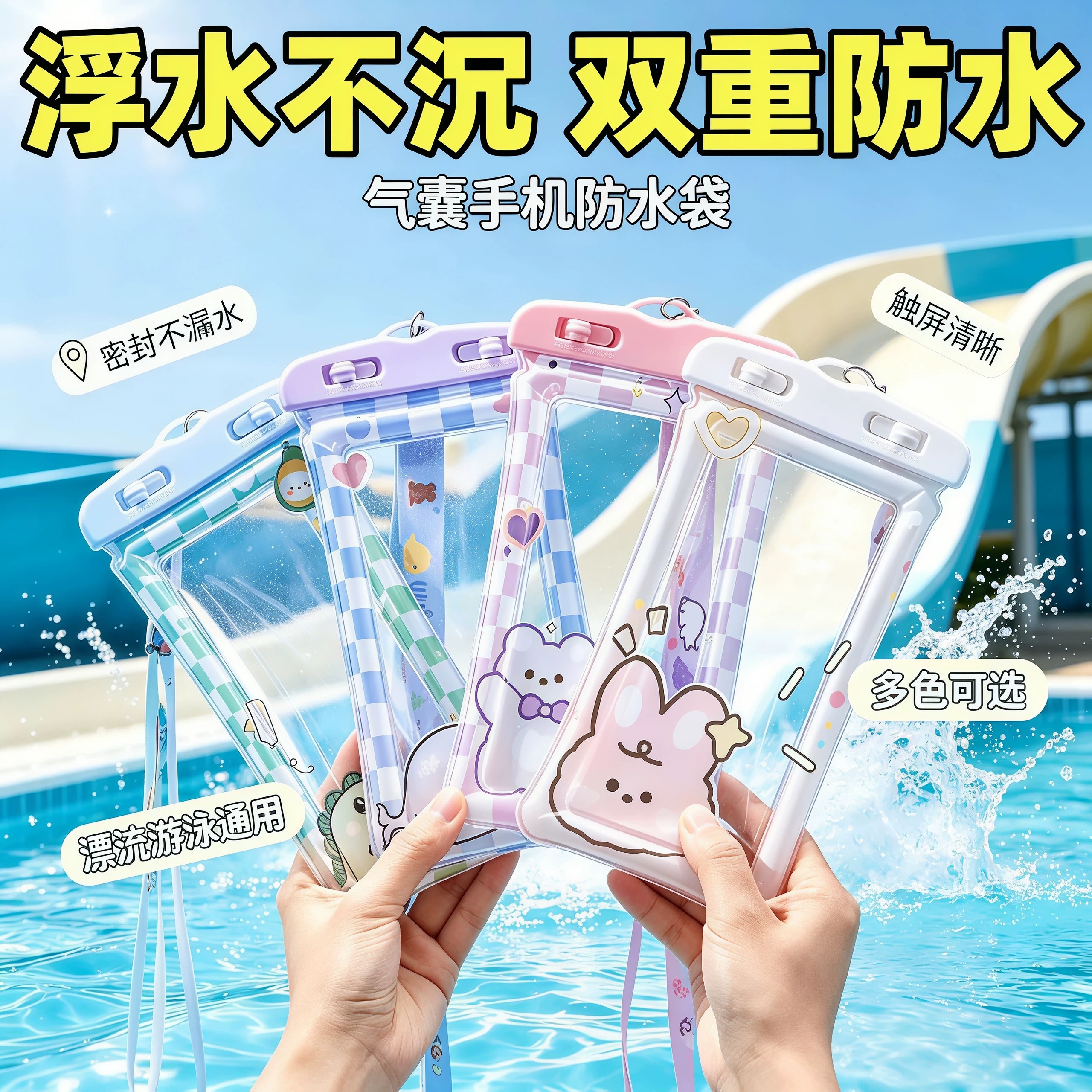 手机防水袋密封可触屏游泳水下拍照潜水漂流带气囊挂脖卡通手机套
