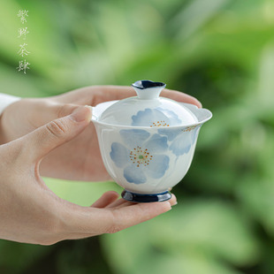 繁野白瓷玉泥马蹄三才盖碗陶瓷手绘功夫茶具喝茶泡茶碗薄胎不烫手