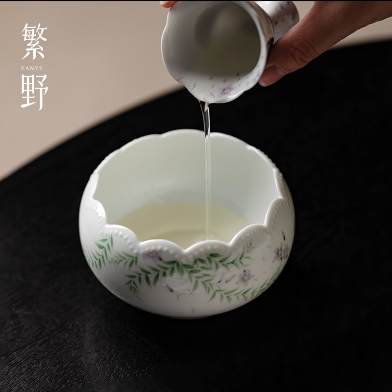 繁野粉彩凌霄花陶瓷建水高端手工花口水孟茶洗茶道杯洗笔洗茶水缸