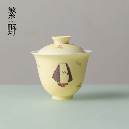 繁野可爱文创瞌睡小狗陶瓷盖碗白瓷手绘功夫茶具泡茶碗创意喝茶碗