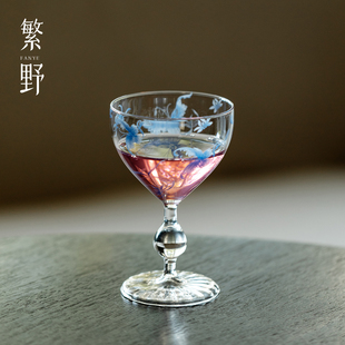 繁野 青花蝶梦玻璃高脚杯原创高档精致品茗杯手工高硼硅主人杯