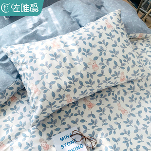 家用枕头套蓝色成人单个单人枕芯内胆套 田园风全棉枕套一对装