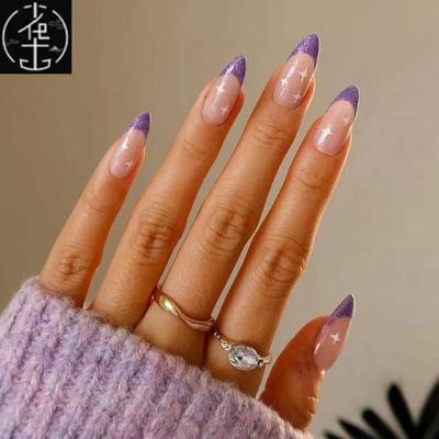 24Pcs Blue Detachable Almond False Nails Wele Nails