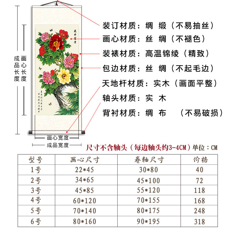 国画牡丹卷轴挂画花开富贵花鸟客厅玄关风水九鱼图招财装饰画竖版