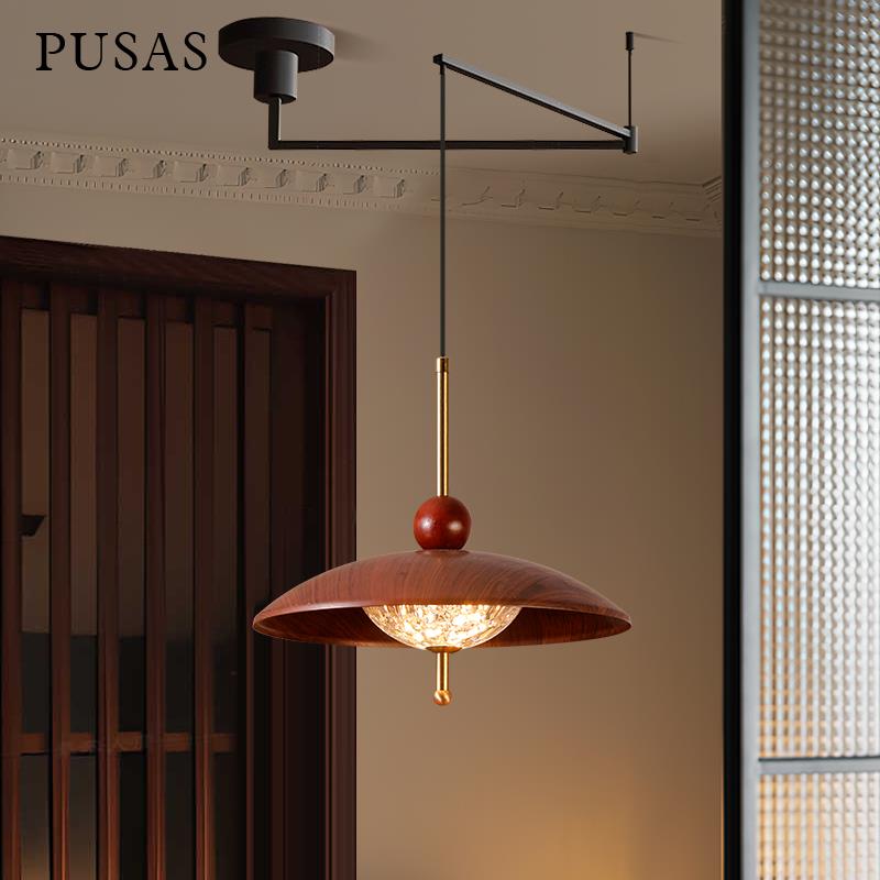 摇臂饭厅吊灯可移位伸缩触摸感应中古高级法式胡桃木色吧台冰川灯