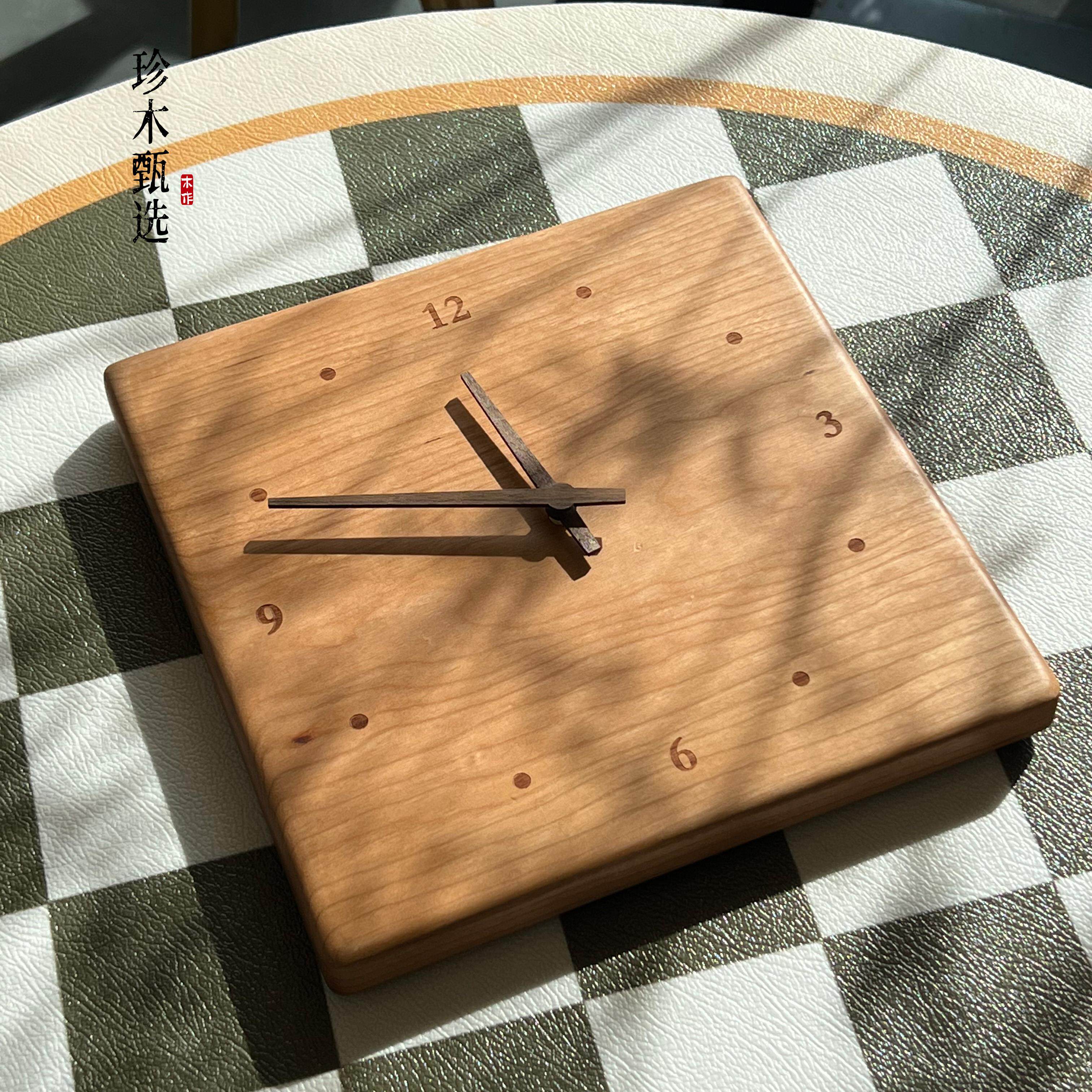 樱桃木钟表极简风实木整木原木客厅北欧创意轻奢挂钟静音方形座钟