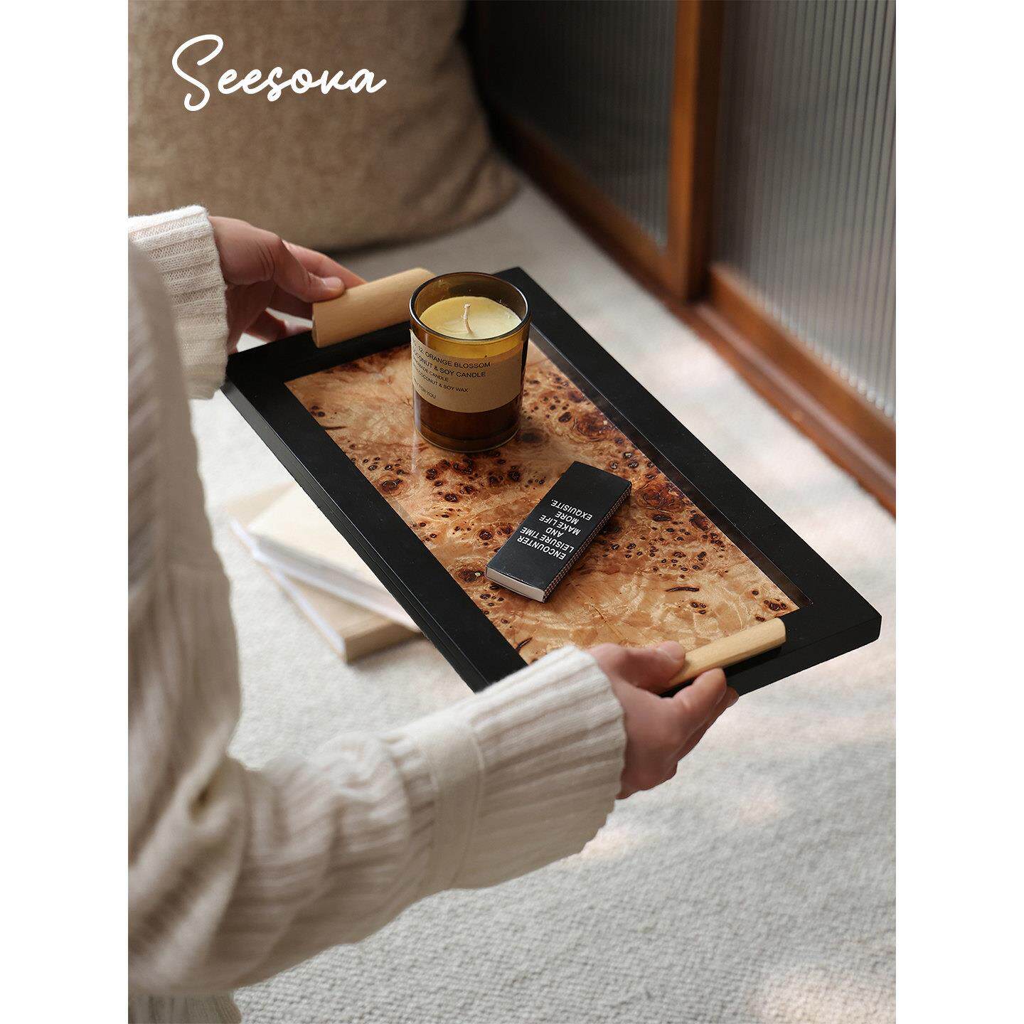 Seesova 小众艺术感木质托盘长方形茶盘高级感家用香薰装饰收纳盘