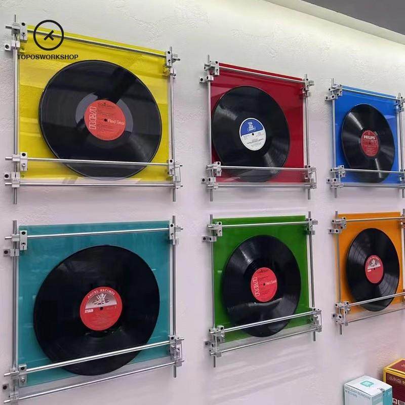 亚克力彩色黑胶架照片墙光轴置物架挂墙式相框中古金属搁板展示架