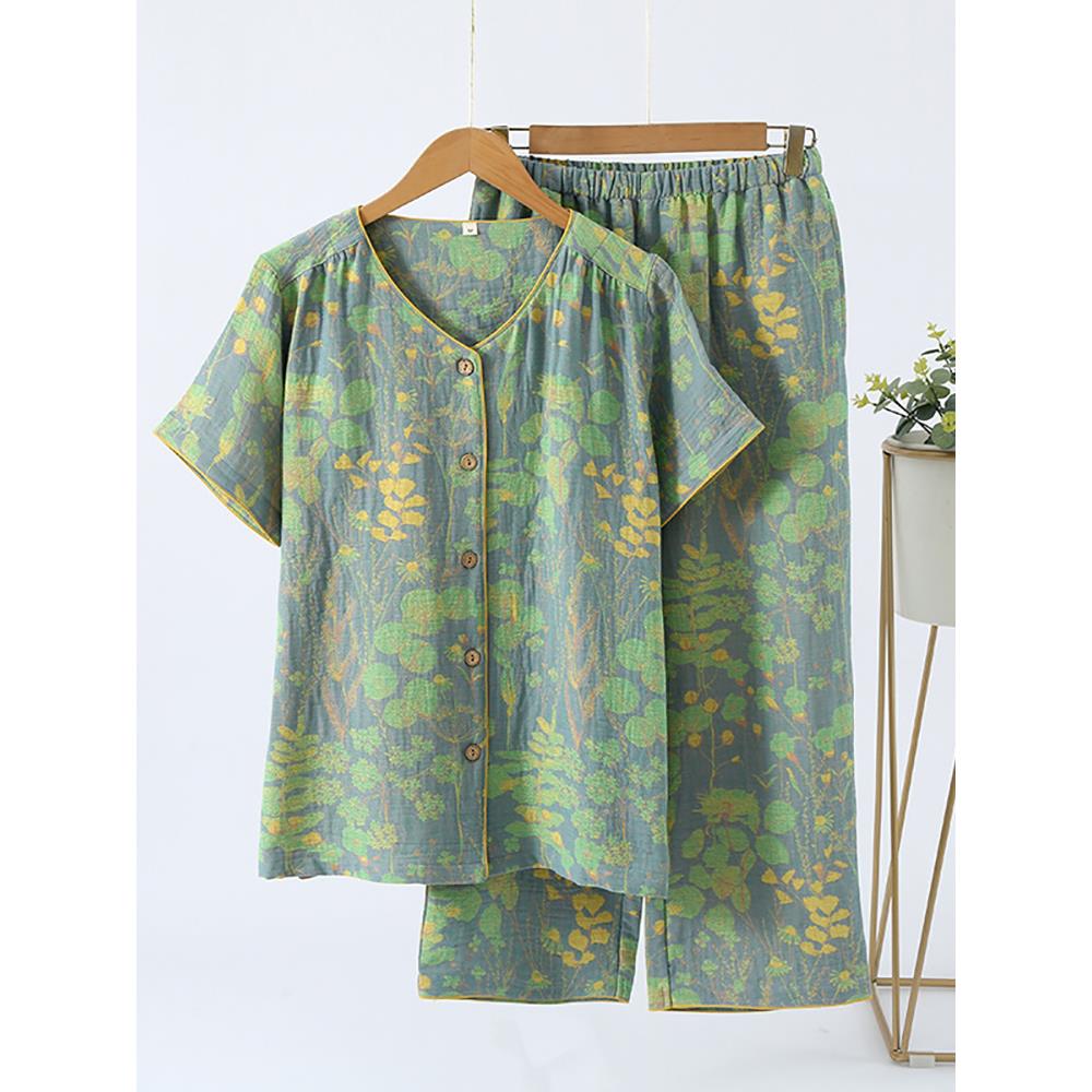 春夏薄款纯棉双层纱布女睡衣V领短袖七分裤复古提花可外穿家居服