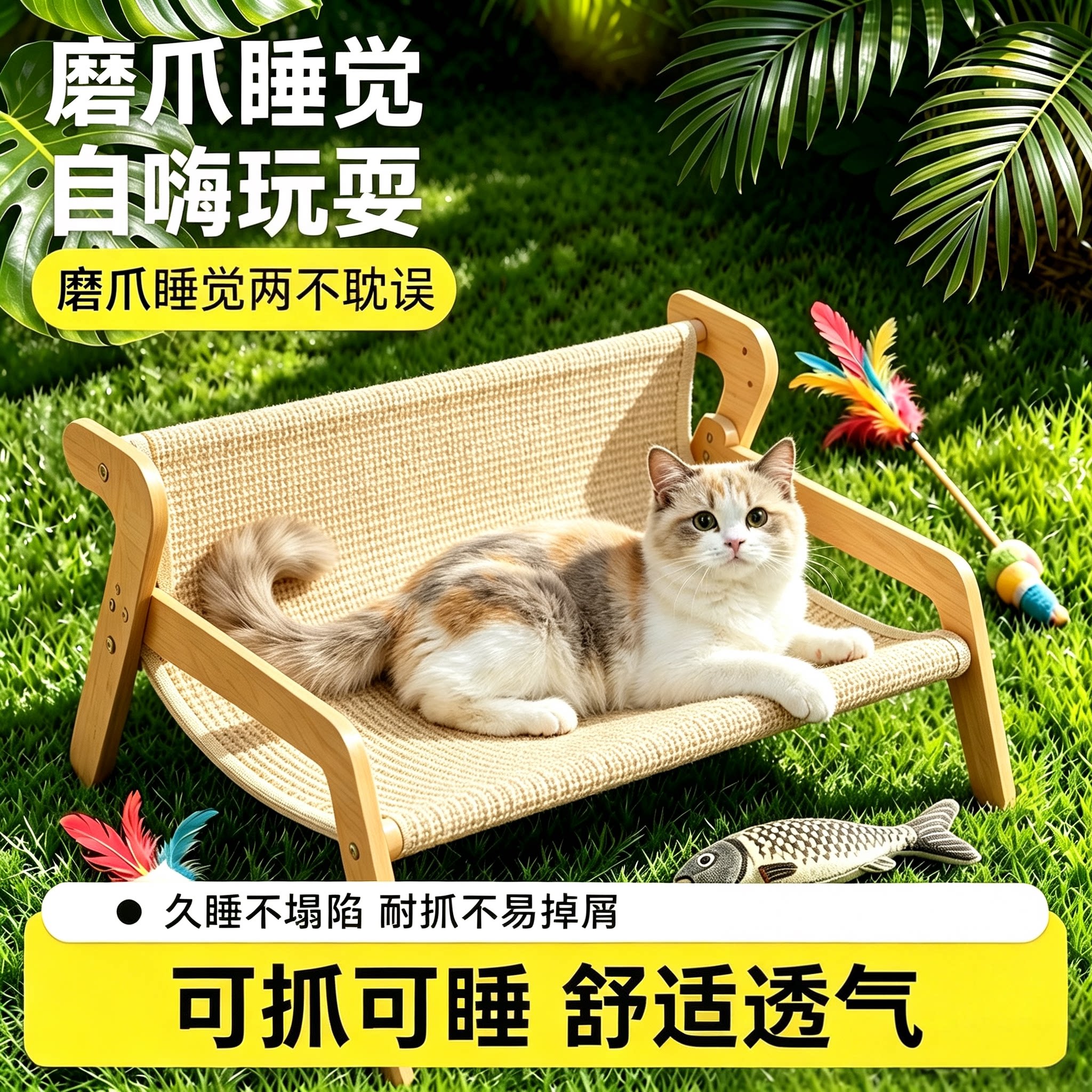 猫咪躺椅木质剑麻磨爪沙发窝猫床