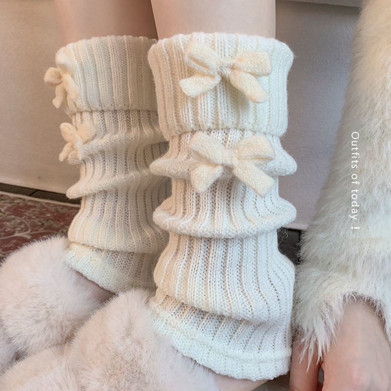 白色蝴蝶结针织堆堆袜女秋冬款