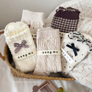 蝴蝶结袜子女中筒袜纯棉春秋季 甜美韩版 小众款 堆堆袜女搭配小皮鞋