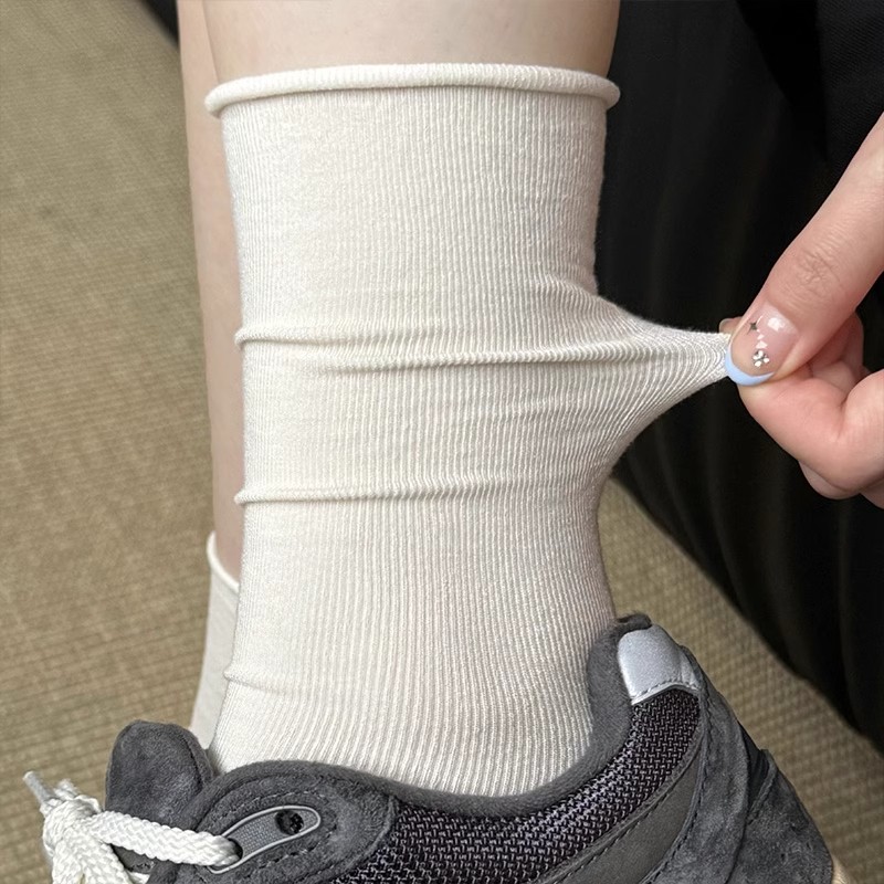 白色堆堆袜子女夏天卷边月子袜无骨中筒袜纯棉长袜配裙子夏季薄款