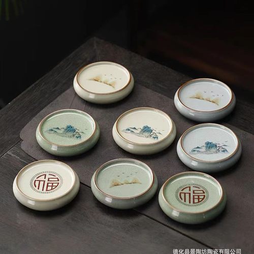 汝窑茶杯陶瓷盖置手绘复古实心
