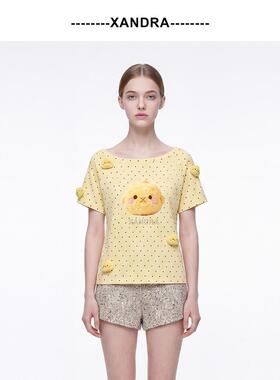 XANDRA 俏皮风卡通印花波点短袖T恤女黄色显瘦百搭上衣