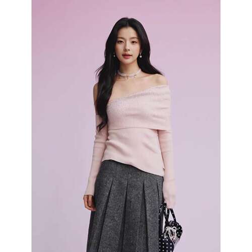Aimme sparrow烫钻露肩修身针织长袖上衣百褶高腰A字半裙女26春新