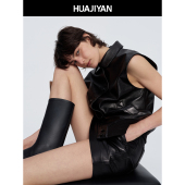 皮衣百搭马甲上衣女 A级超薄蜡感羊皮H型宽松无袖 华吉言 漆夜