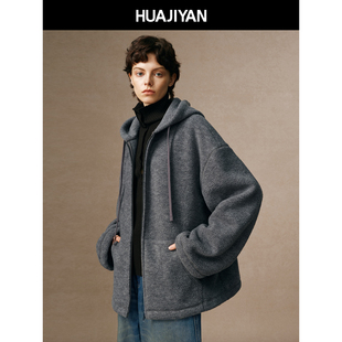 华吉言【冬令时】羊毛摇粒绒落肩宽松连帽外套女冬季百搭上衣S