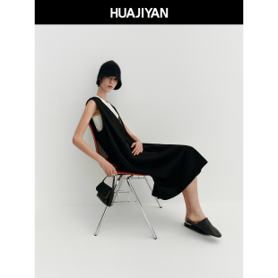 连衣裙 棉锦混纺立体肌理大V领宽松H形无袖 华吉言 子夜