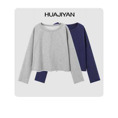 华吉言【Anytime】大圆领短款毛边卷边长袖T恤卫衣