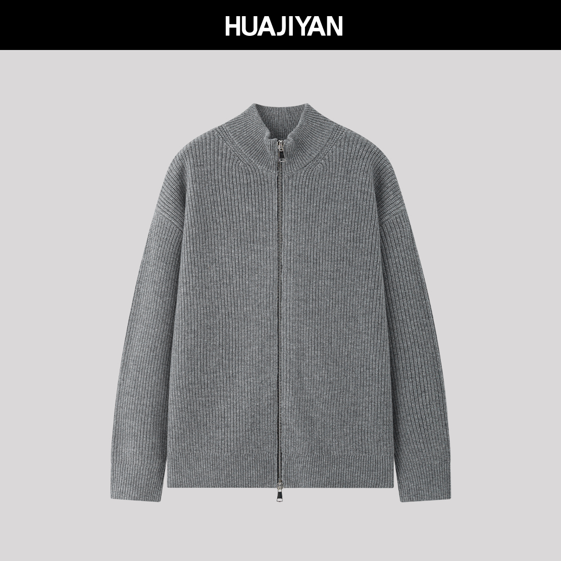 华吉言【诺丁山】100绵羊毛竖坑条半高领宽松针织开衫毛衣外套