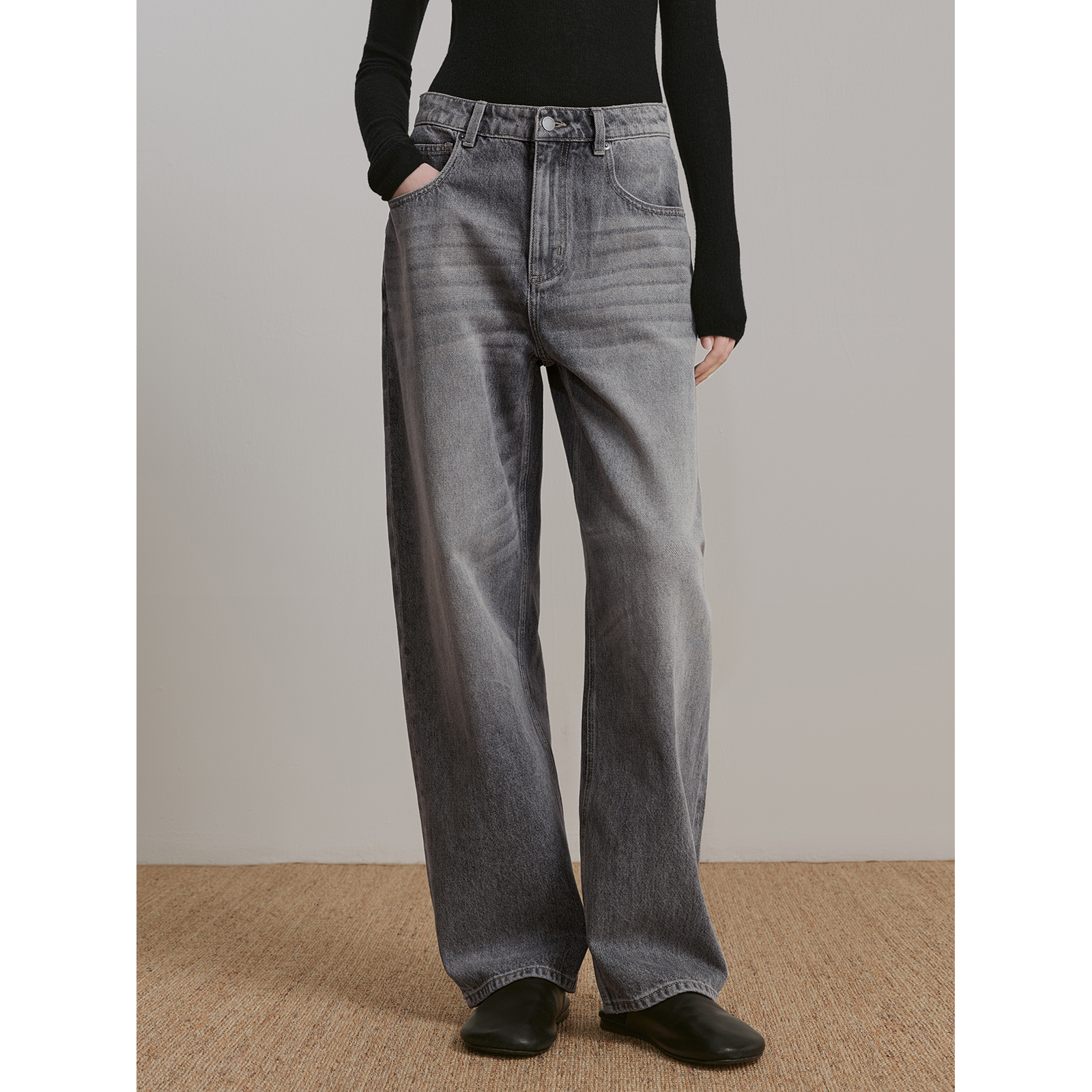 华吉言【晨雾】定制面料环保水洗猫须直筒牛仔裤