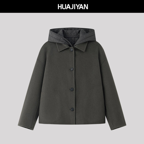 华吉言【黑麦面包】羊毛混纺呢料真两件羊毛内胆棉服外套