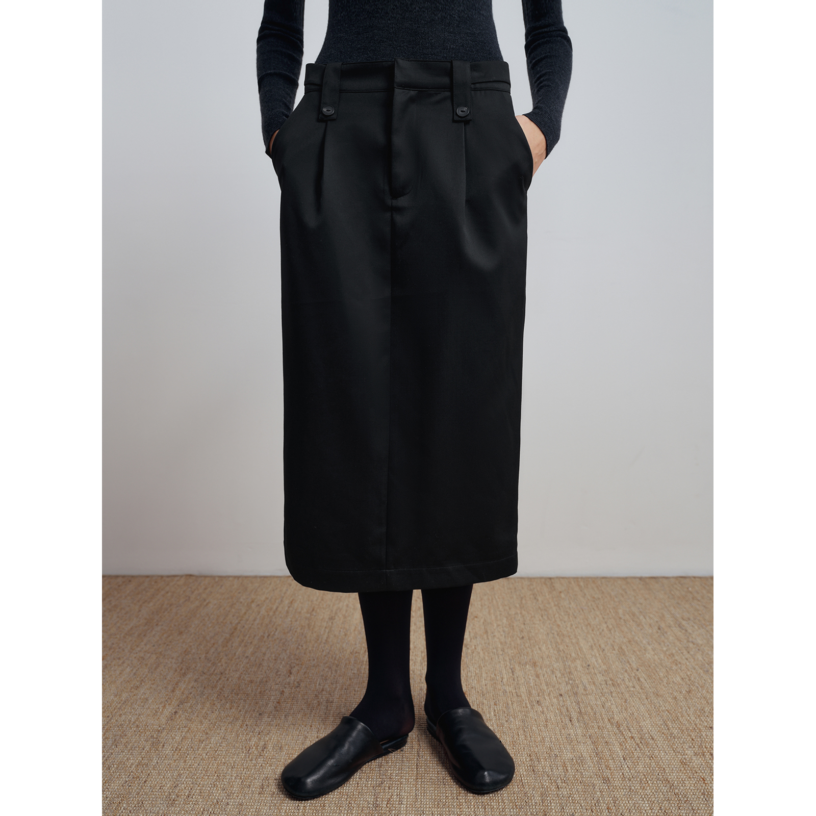 华吉言【摩登女郎】羊毛混纺全立裁后开叉花苞西装半裙