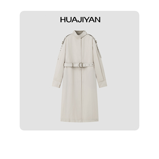 华吉言【月牙白】绵羊皮拼接立领鹅绒长款风衣羽绒服