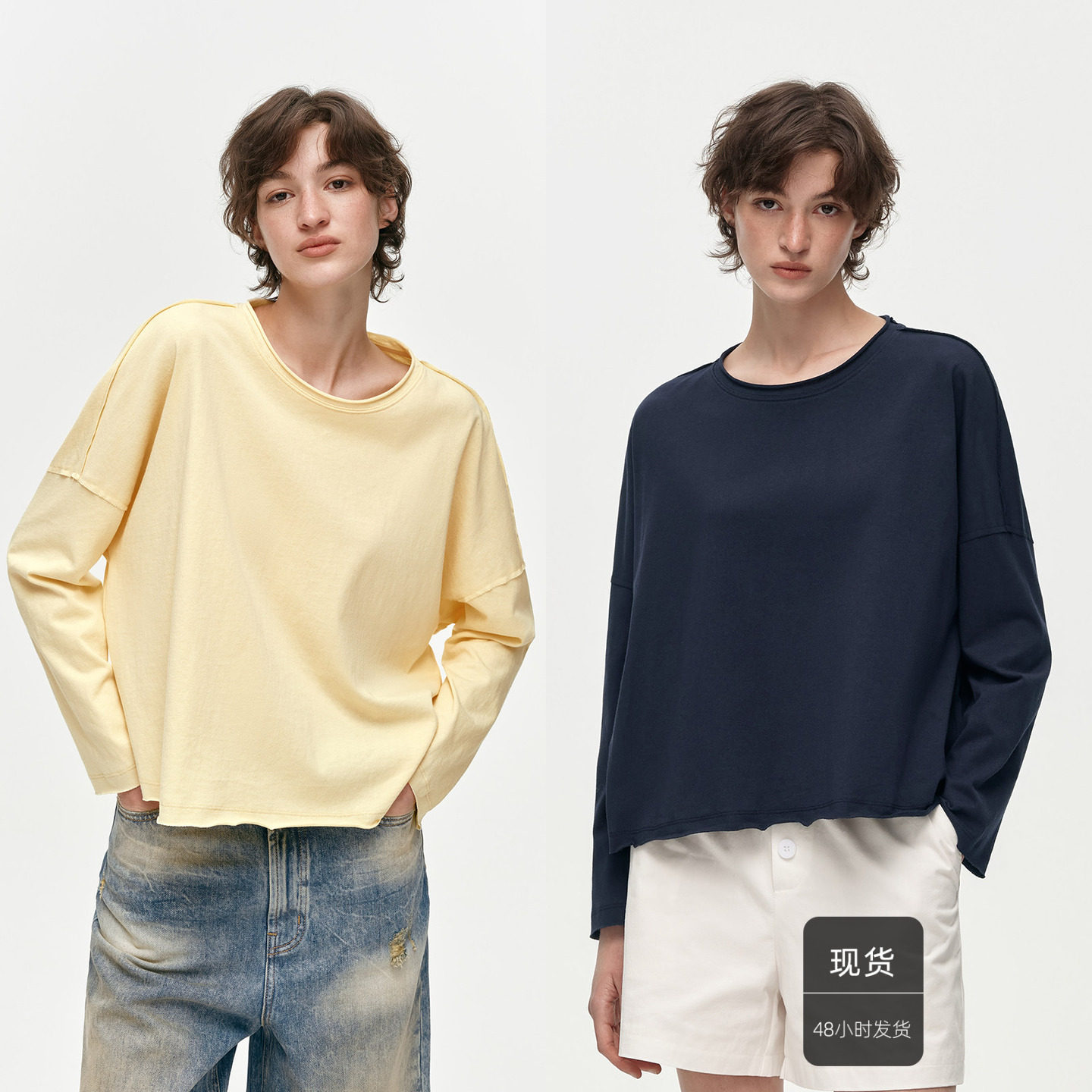 华吉言【小时光】纯棉宽松卷边圆领落肩上衣春夏长袖T恤女新款