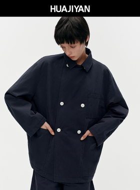 华吉言【星夜】100棉双排扣撞色里布落肩宽松H型上衣外套