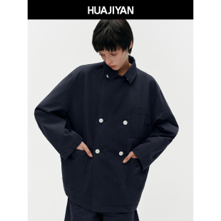 华吉言 100棉双排扣撞色里布落肩宽松H型上衣外套 星夜