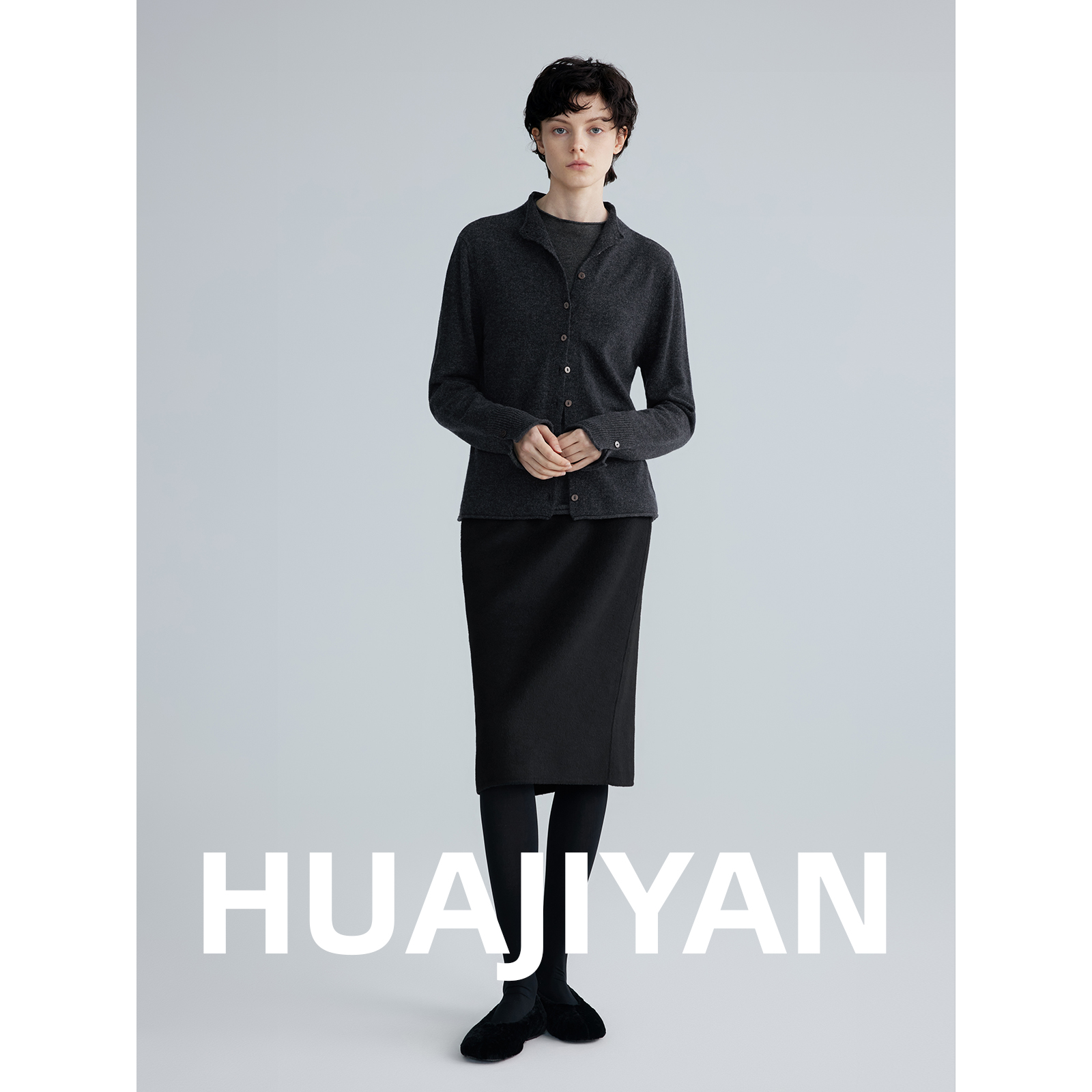 华吉言【涟漪】100羊毛半高领卷边针织开衫女秋冬百搭毛衣外套