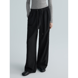 羊毛亚麻混纺日常百搭抽绳松紧腰休闲裤 华吉言 黑豆