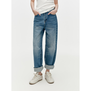 女 100棉日本进口高密丹宁面料高腰直筒牛仔裤 华吉言 折痕牛仔