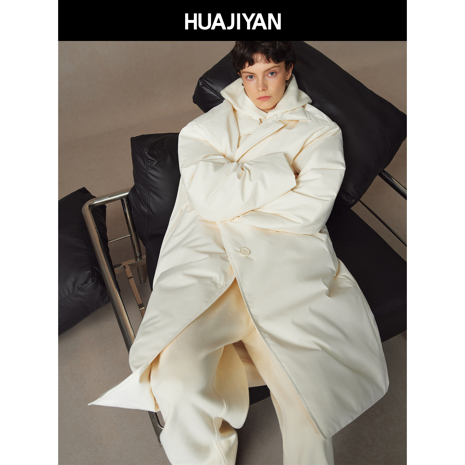 华吉言【冬日来信】三防面料90鹅绒服简约纯白翻领中长款羽绒服