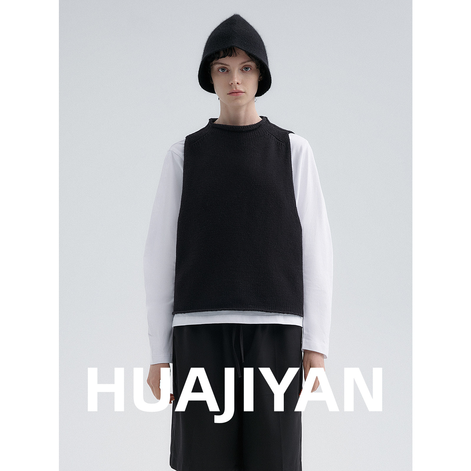 华吉言【骑士】100羊毛卷边设计圆领宽松百搭无袖针织马甲背心女