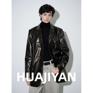 皮衣 蜡感羊皮复古光泽感西装 华吉言 油画
