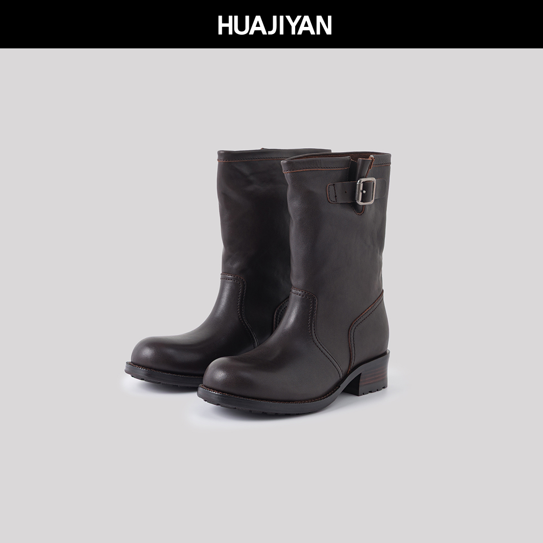 华吉言【配饰系列】植鞣牛皮百搭复古皮带扣骑士靴中筒靴,女鞋,时装靴,淘宝优惠券,粉丝福利购,淘宝优惠卷
