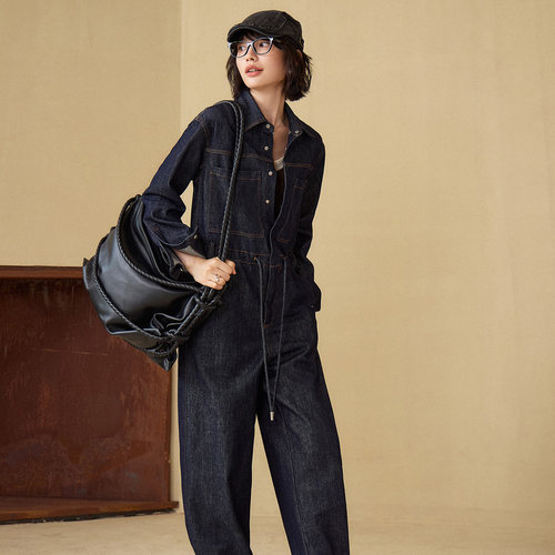 华吉言【街头艺术家】100棉复古撞色压线设计百搭时髦牛仔连体裤