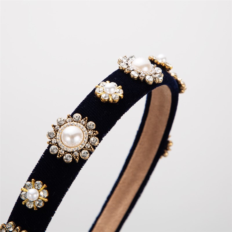 欧美时尚巴洛克发饰丝绒珍珠花朵镶钻发箍女细边简约气质发箍